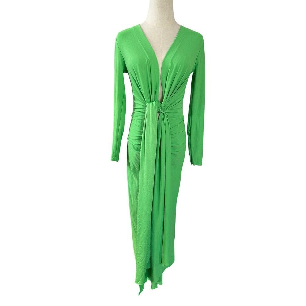NWT SOLACE London Lorena Deep V-Neck Long Dress Neon Green Long Sleeve Size 0 - Picture 3 of 11